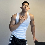 Baju Tank Tops Rompi berulir kolar persegi Amerika musim luruh lelaki kecergasan sukan warna pepejal