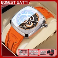 BONEST GATTI Automatic Mechanical Watch Skeleton Square Wrist Watch Men's Luminous Watch Valentine's