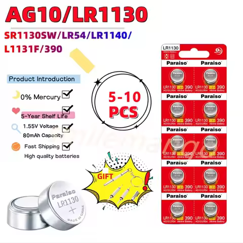 5-10PCS AG10 189 1.55V Reliable Alkaline Button Battery, LR1130 SR1130SW LR54 Fit for Watches Calcul