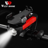 WEST BIKING USB Rechargeable Cycling Light Bicycle Horn Bell Phone Holder Multifunctional LED Lamp Bike Accessories