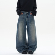 Nam Quá Khổ Quần Jean Baggy Ống Rộng Y2K Quần Âu Vintage Xanh Dương Ghép Denim Quần Giữa Eo Khóa Kéo