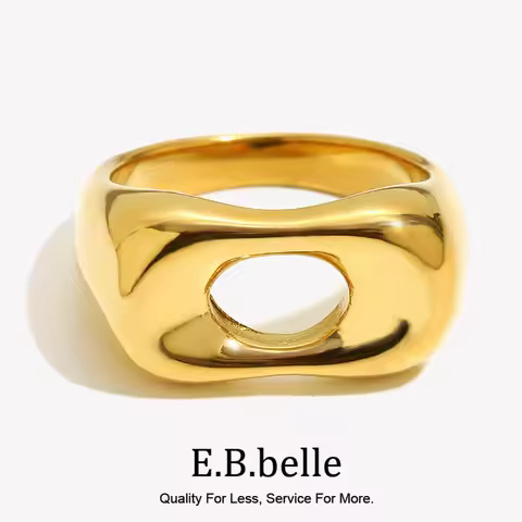 E.B.belle Creative Minimalist Hollow Rectangular Ring Women's 18K Gold Plated 316L Stainless Steel S