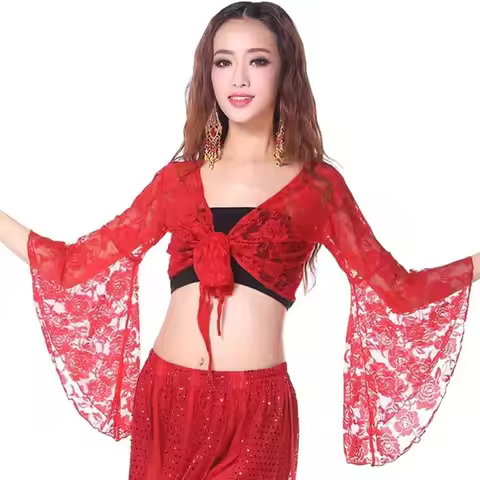 Women Long Sleeve Belly Dance Top Nightclub Stage Lace Shawl For Thailand/India/Arab Lace-up Dance W