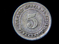 1901年英屬海峽殖民地British Straits Settlements(新加坡馬來亞)5仙銀幣(英女皇維多利亞像Queen Victoria)