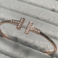 TIFFANY & CO.蒂芙尼 T 系列 鑲鑽線圈 開口 18k玫瑰金 手鐲