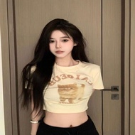 【酷锐数码旗舰店】 甜辣妹猫咪印花短袖t恤女夏新款修身显瘦纯欲风高腰短款露脐上衣Sweet and spicy girl cat printed short sleeved t-shirt for w