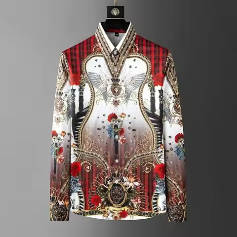 Men's luxurious crown-print shirt, featuring a slim-fitting, fashionable, and casual design, is a 3D