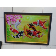 Hiasan Dinding Lukisan Cetak Ikan Koi Fengsui Kuning Plus Bingkai