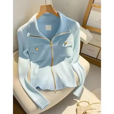 2025 Spring Autumn Polo Collar Zipper Women's Knitting Cardigan Sweater Jacket Personality Elegant C