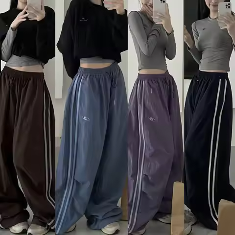 Y2K Women Cargo Pants Vintage Streetwear Baggy Wide Leg Sweatpants Casual Drawstring Oversize Pocket