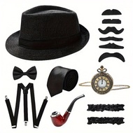 1920s Men's Gatsby Gangster Costume Accessories Set 30s Manhattan Gangster Beret Y-Back Suspender Ha