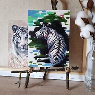 Original cute white tiger artwork hand painted Oil painting on Cardboard