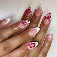 24Pcs Tropical Flower Press On Nails Medium Almond Fake Nails White French Tip, Red Hibiscus Flowers
