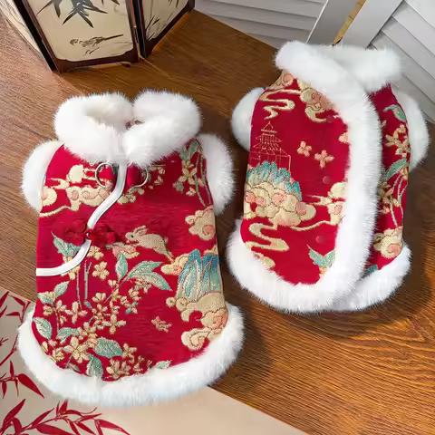 New Year's Pet Dog Cat Clothing Autumn Winter Thick Velvet Dog Red Vest Tang Clothing Teddy Bear Chi
