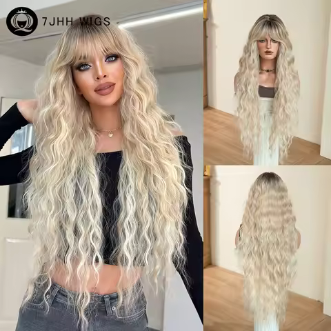 7JHH WIGS Long Water Wave Light Blonde Wig for Women Synthetic Modest Fashion Wear and Go Champagne 
