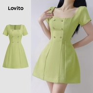 Lovito Elegant Dress Structure Line Button Zipper Spring/Summer Green Dress for Women