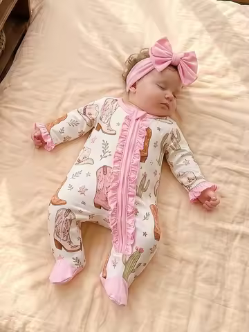 Bodysuit With Headband Cactus Girl Baby Girl Sleeve Cactus Up Zip-Up-Romper Baby Lightweight Bodysui