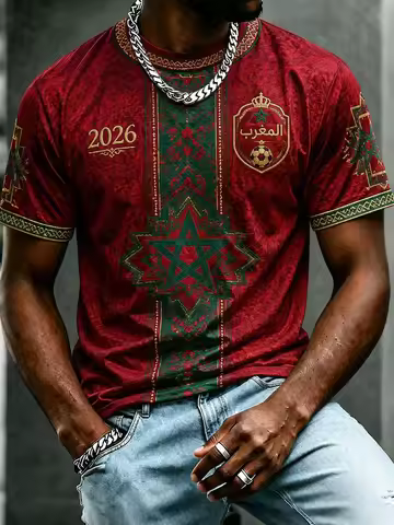 2026 Morocco Football Fan T-shirt, Men's Red Letter Print Short-Sleeve T-Shirt, Casual Sports Shirt 