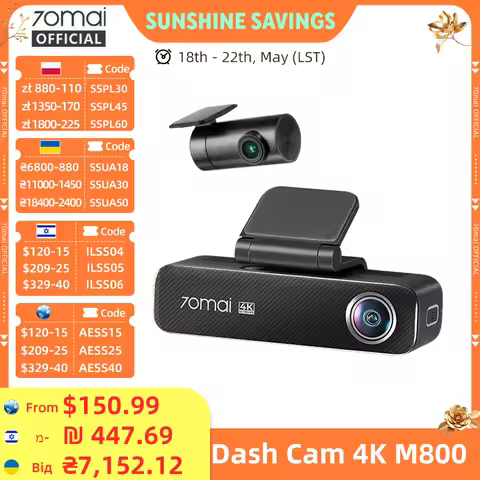 70mai Dash Cam 4K M800 2160P eMMC Built-in 128GB GPS ADAS Support 24H Parking Guard 4G Compatible Up
