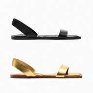 Zara2023 Summer New Product Women's Shoes Black Cow Leather Sandals Square Toe Open Toe Gold Flat Sandals Large Size Shoes