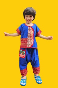 เสื้อชาวเขาชุดเด็กดอย ชุดแม้วเด็ก ชุดชาวเขาเด็ก ชุดเซตเสื้อ+กางเกงพื้นเมือง ทำจากผ้าฝ้าย ผ้าม่าน ไม่ร้อน made in Thailand