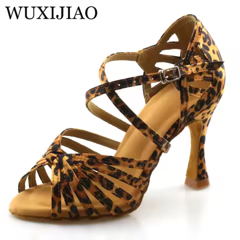 WUXIJIAO Classic Knotting Latin Dance Shoes English Leopard Satin Dance Shoes Sasha Tango Dance Shoe