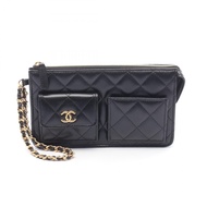 【二手】香奈兒 (Chanel) CHANEL Second Bag Clutch Bag Matelassé Wallet AP3466 黑色魚子醬紋小牛皮（粒面小牛皮）絎縫錢包，帶鏈條