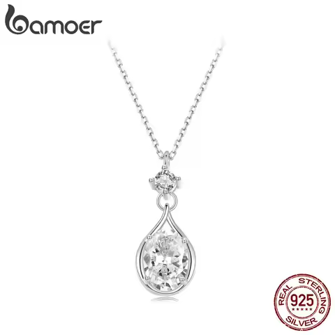 BAMOER 925 Sterling Silver Necklace for Women Cubic Zirconia Round Cut Pendant Necklace Dainty Jewel