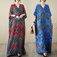 spot commodity Summer Kaftan Dubai Baju Kelawar V-neck Cotton Silk Oversized Loose Vacation Style Long Robe