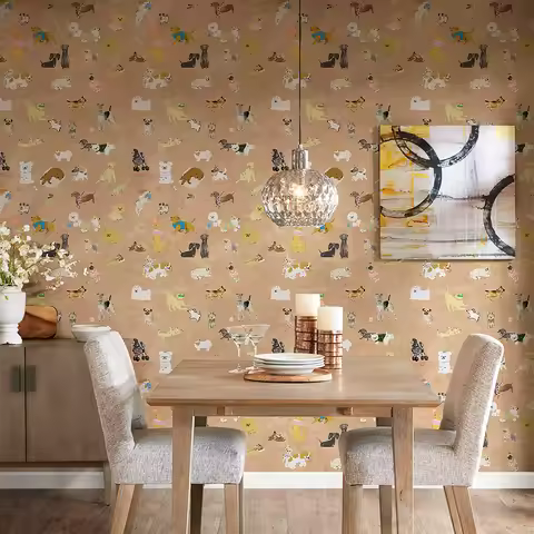 Adorable Brown Cartoon Dog Paradise Self-Adhesive Wallpaper Cute Peel And Stick Animal Cabinet Stick