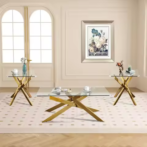 Gold Glass Coffee Table and End Table Set of 3, Coffee Table Set with Tempered Glass & Gold Geometri