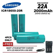SAMSUNG-20R 18650 Rechargeable Battery (2000mAh 22A) 4PCS Original Lithium Ion FREE Smart Lithium Battery Charger with USB Wire