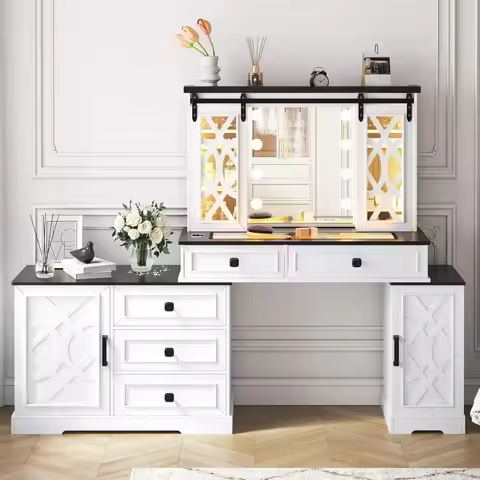 Large Vanity Desk with Mirror and Lights, Farmhouse Makeup Vanity with Jewelry Armoire Cabinet Stora