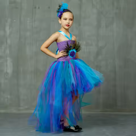 Vintage Peacock Flower Girls Party Dresses for Halloween Birthday Part Costumes Peacock Feather Kids
