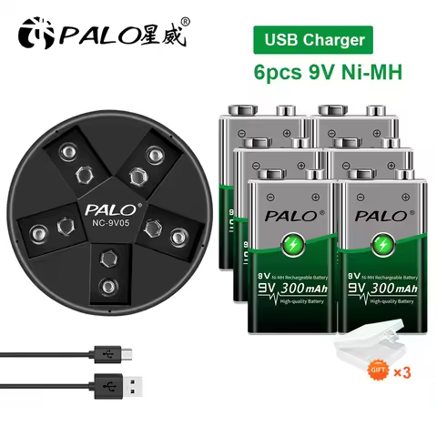 100% PALO 9v Battery 6LR61 6F22 006p 9V nimh 300mah Rechargeable battery For Alarm,Toys,Walkman Rech