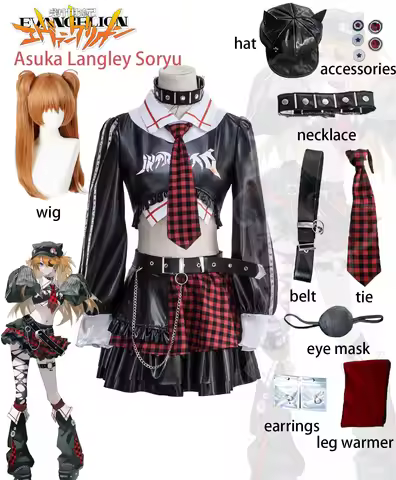 Evangelion Asuka Langley Soryu Punk Cosplay Dress Wig Accessories Set Carnival Party Costume