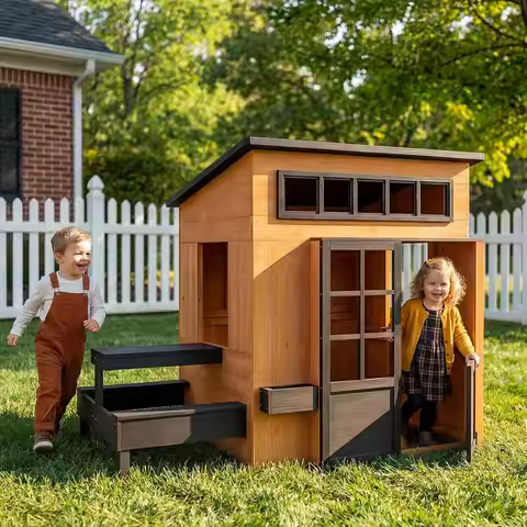 Nordivale Outdoor Playhouse Modern Fir Wood Kids Backyard Garden House with Play Kitchen Table Chalk