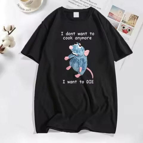 Funny T Shirt Men Print I Don't Want To Cook Anymore I Want To Die Mouse Rat T-shirt Casual Cotton S