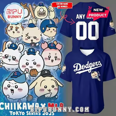 Chiikawa Dodgers Baseball Jersey Shirt Cute Cartoon Character Print Short‑sleeve Sports Tee Unisex C
