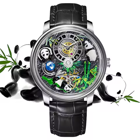 Panda Bamboo Mechanical Men's Leather Strap 30 Meter Waterproof Glowing Earth Astronomy Men's Watch 