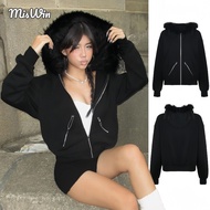 Miswin Wome Cotton Hooded Jacket Y2K  Fur Collar Zip Pockets Flight Jackets Fall Trendy Streetwear