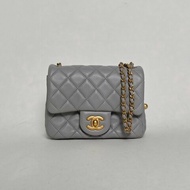 CHANEL CF口蓋包方胖子17灰色羊皮晶片開金扣金球調節扣肩帶肩背包