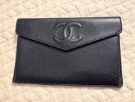 Chanel 黑色荔枝皮信封款銀包長銀包