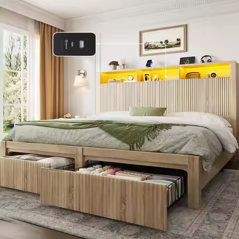 King Bed Frame and Headboard& 2 Storage Drawer, King Size Bed Frame with LED Light and Charging Port