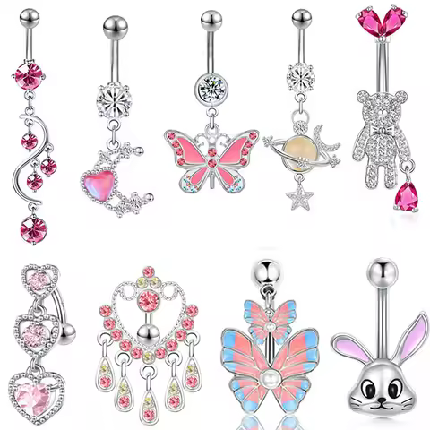 Pink Crystal Pendant Belly Button Ring For Women Stainless Steel Navel Piercing Jewelry Rabbit Heart