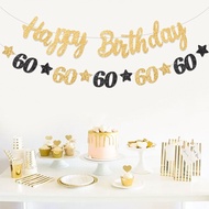 22pcs 60 Years Old Black Gold Happy Birthday Banner 60Th Birthday Decoration Set Birthday Flag Banne