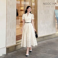 Đầm thời trang nữ chất Mango cổ chữ V tay ngắn thiết kế thanh lịch nơ eo nhỏ nhắn váy maxi dáng xoè