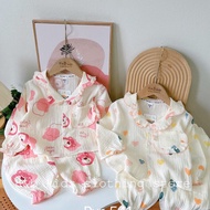 Bộ ngủ bé gái dài tay thu đông hoạt tiết gấu dâu hot hit_Bộ Pijama cho bé gái chất đũi xốp mềm