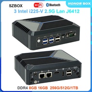 SZBOX คอมพิวเตอร์สองหน้าจอเดสก์ทอป1000M 4K M.2 DDR4หน้าต่างพีซีขนาดเล็กไม่มีพัดลม J6412 2280 SSD สายแลนคู่