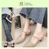 Marche Women's Korean Style Pointed Toe Half Mules Mid Heel Casual Office Shoes Elegant Classy Fashi
